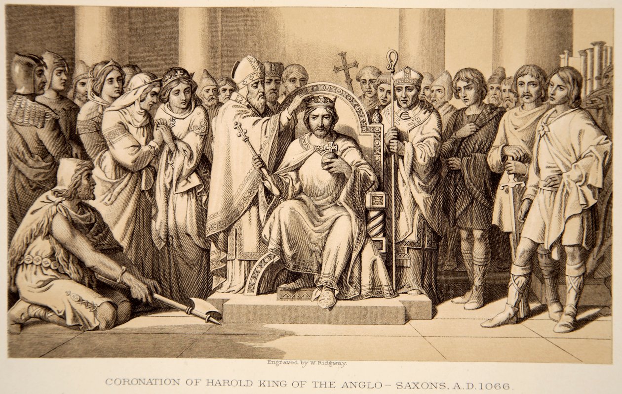Krönung von Harold II. im Jahr 1066, graviert von W. Ridgeway von Daniel Maclise