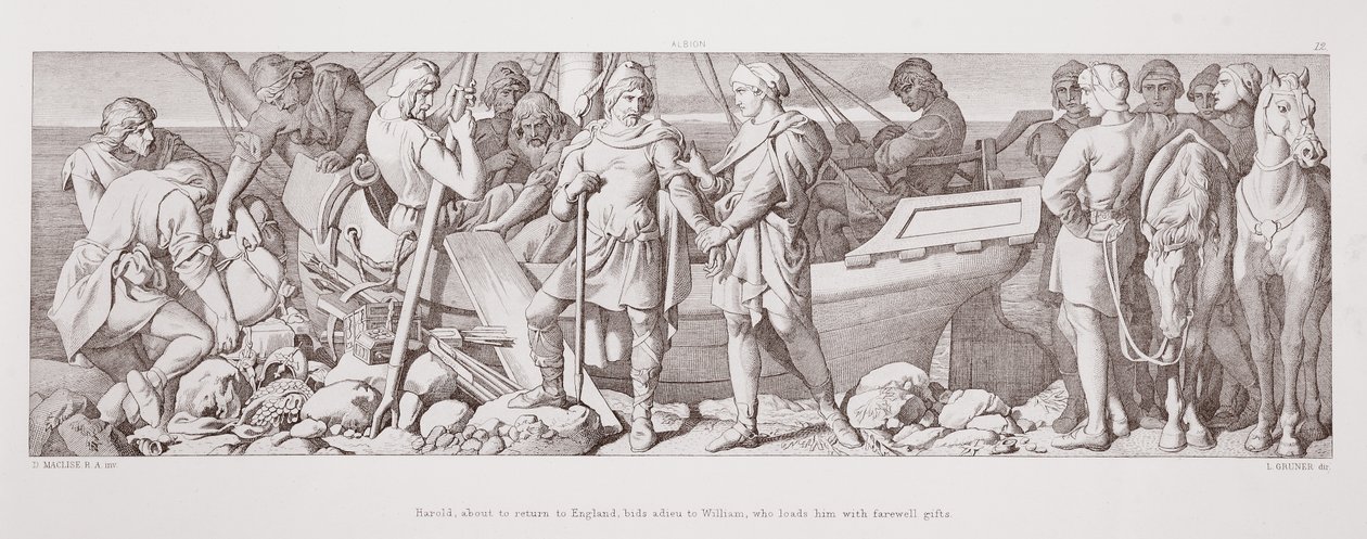 Harold, kurz vor der Rückkehr nach England, verabschiedet sich von William, der ihn mit Abschiedsgeschenken belädt, aus 