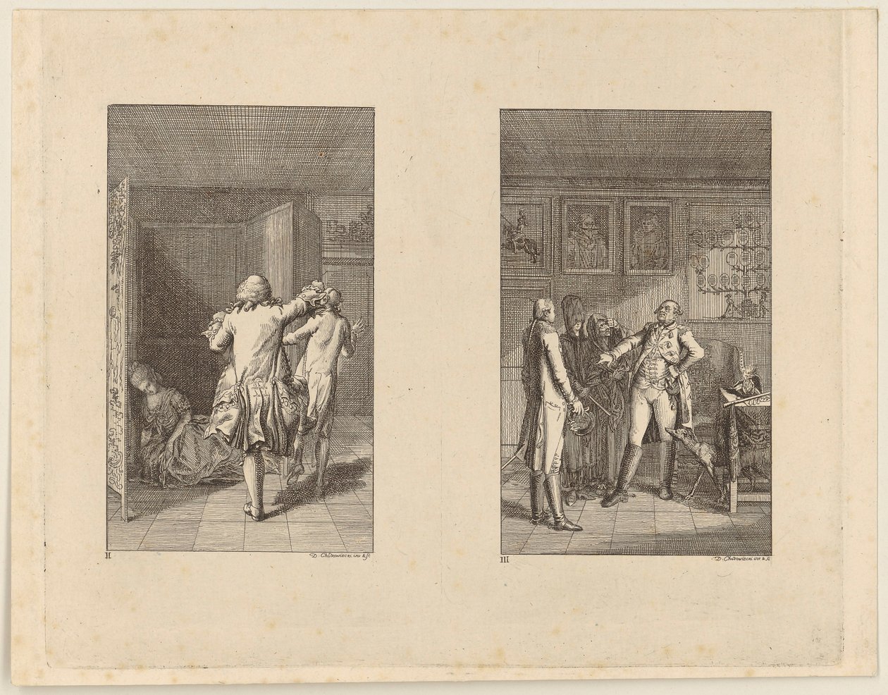 Baron jagt Candide zum Schloss hinaus [links]; Candide, Kunigunde und die Alte vor dem Stadthalter von Buenos Aires [rechts] von Daniel Nikolaus Chodowiecki