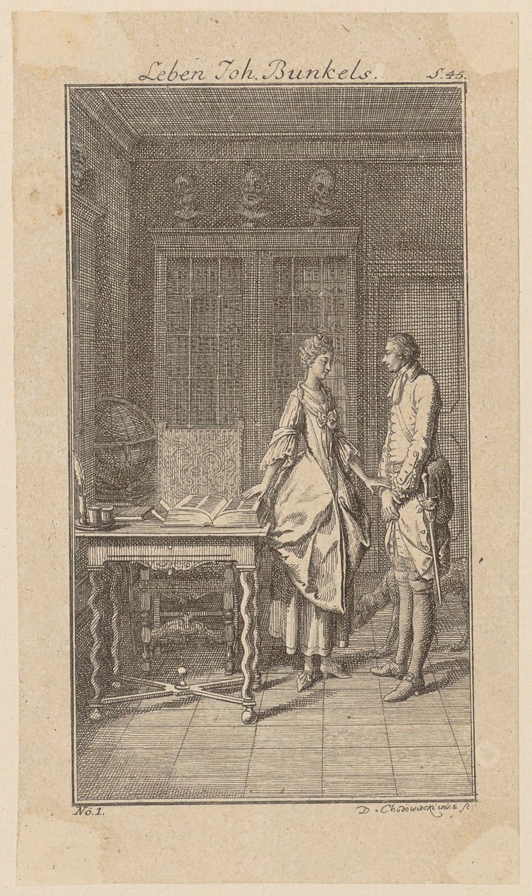 Bunkel in Miss Henriette Noels Bibliothek, Blatt 1 aus "Leben Bemerkungen und Meinungen Johann Bunkels" von Daniel Nikolaus Chodowiecki