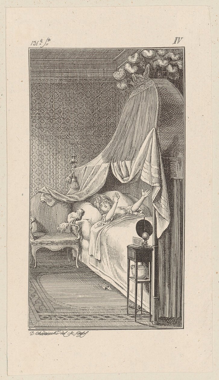 Cäsar will auf das Bett der träumenden Lady Charlotte springen von Daniel Nikolaus Chodowiecki