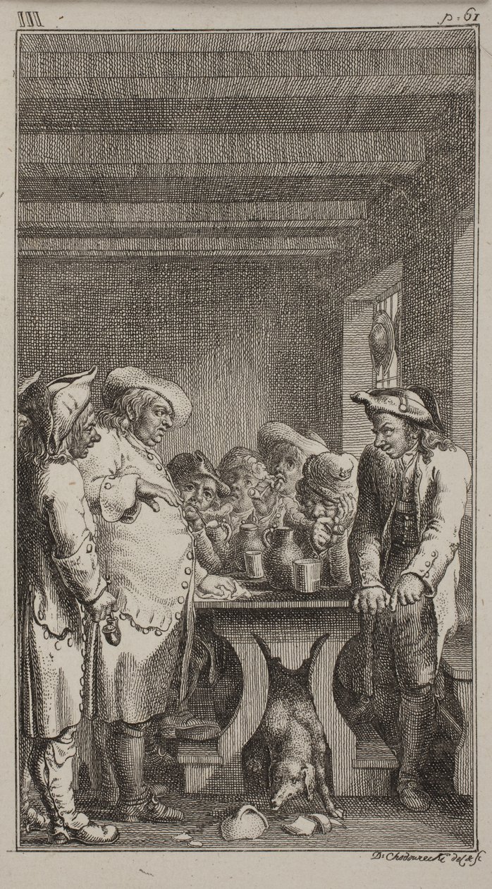 Des Scherers Hund leckt das gefärbte Wasser aus einem zerbrochenen Gefäß unter dem Tisch, um den 4 Bauern sitzen und 3 stehen, die Tabak rauchen und trinken. ob. III, S. 61. von Daniel Nikolaus Chodowiecki