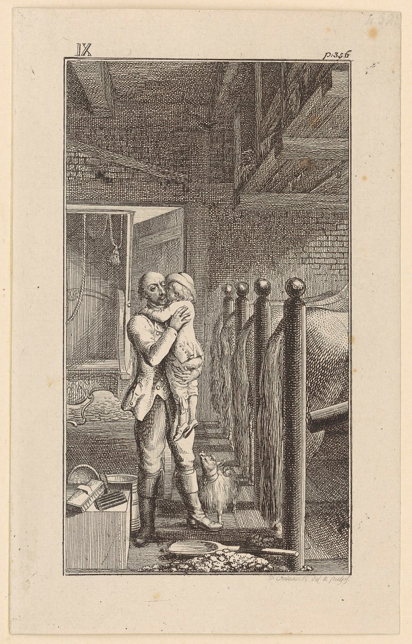 Franz hebt den Sohn seines Herrn in die Höhe, der ihn küsst von Daniel Nikolaus Chodowiecki