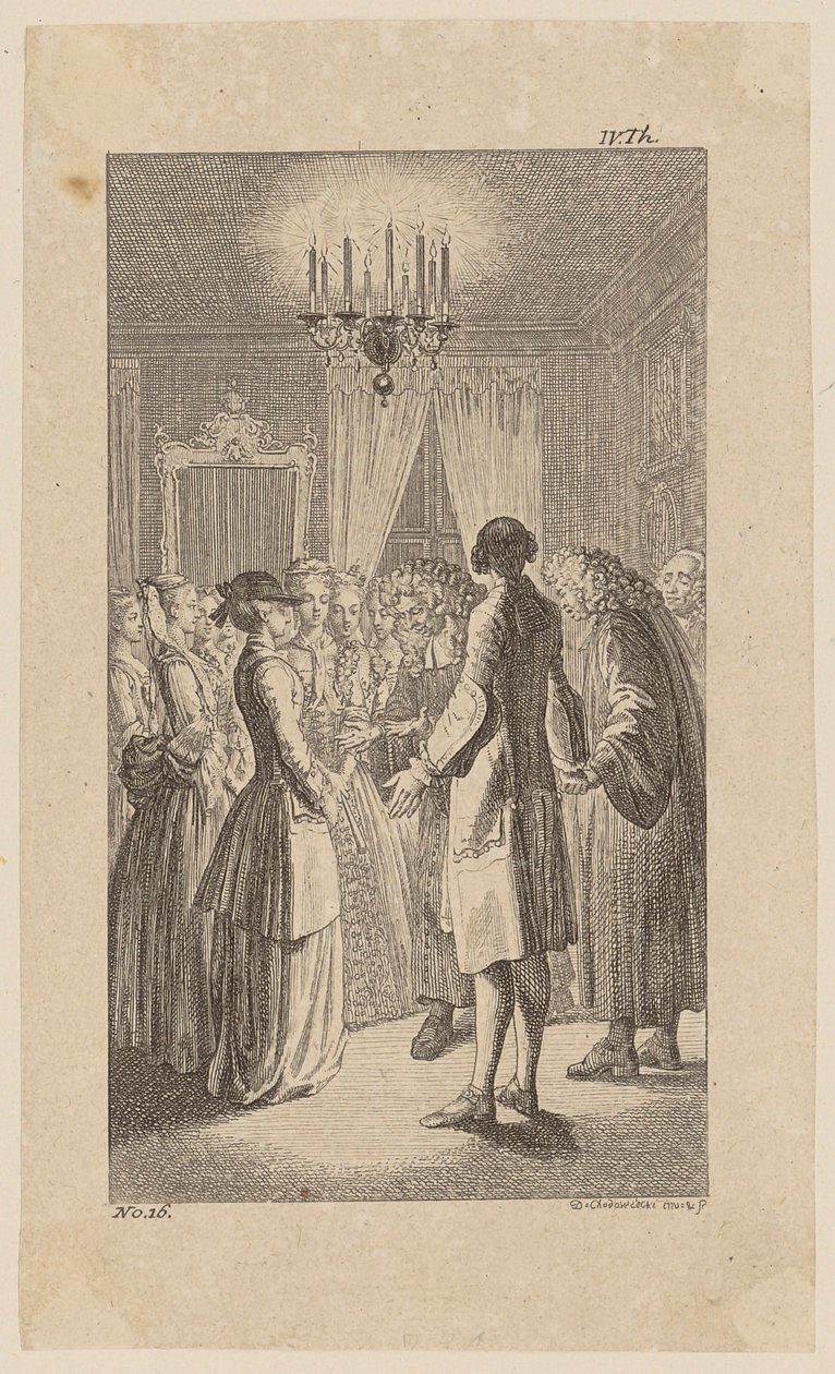 Miss West im Zimmer des Comus, willigt in den Ehevergleich ein, Blatt 16 aus "Leben Bemerkungen und Meinungen Johann Bunkels" von Daniel Nikolaus Chodowiecki
