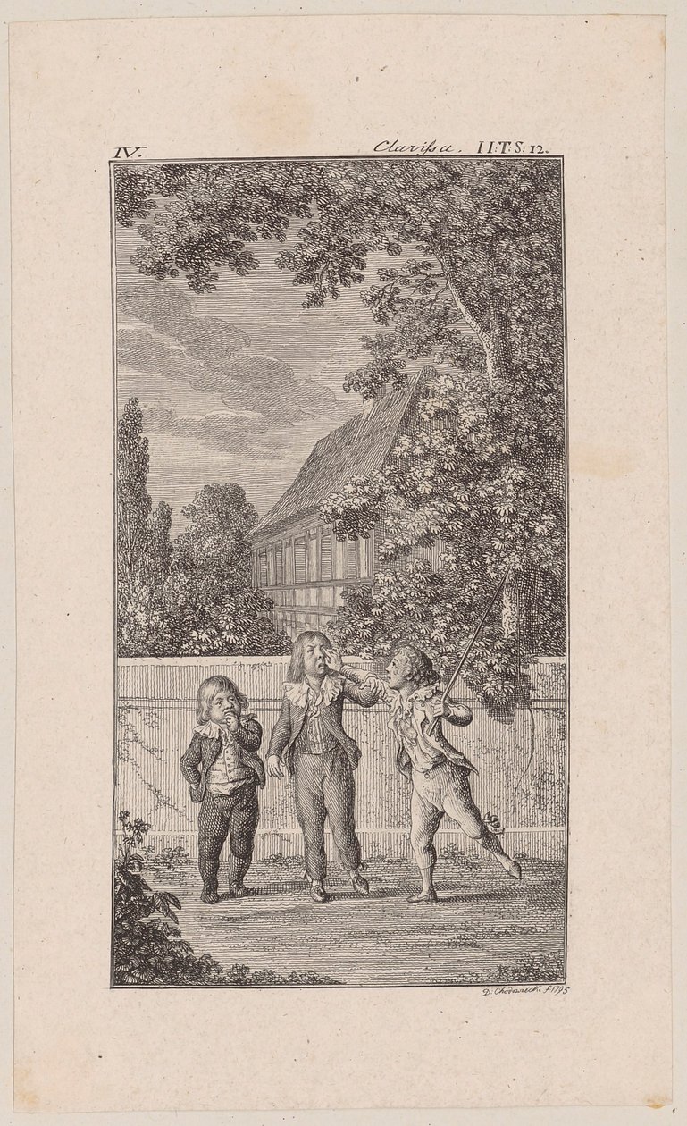 Vorstellung der Anna Howe von ihrem Liebhaber und dem ihrer Freundin als Kinder [Lovelace, Hikmann und Solmes] von Daniel Nikolaus Chodowiecki