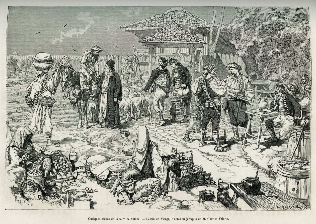 Einige alltägliche Szenen von der Salone-Messe (Kroatien), Verkauf von Obst, Gemüse, Geflügel und Lämmern sowie aufgestellte Tische zum Durstlöschen. Gravur nach der Zeichnung von Virgo, zur Illustration der Reise nach Dalmatien, von Charles Yriarte, 1874, von Daniel Urrabieta Vierge