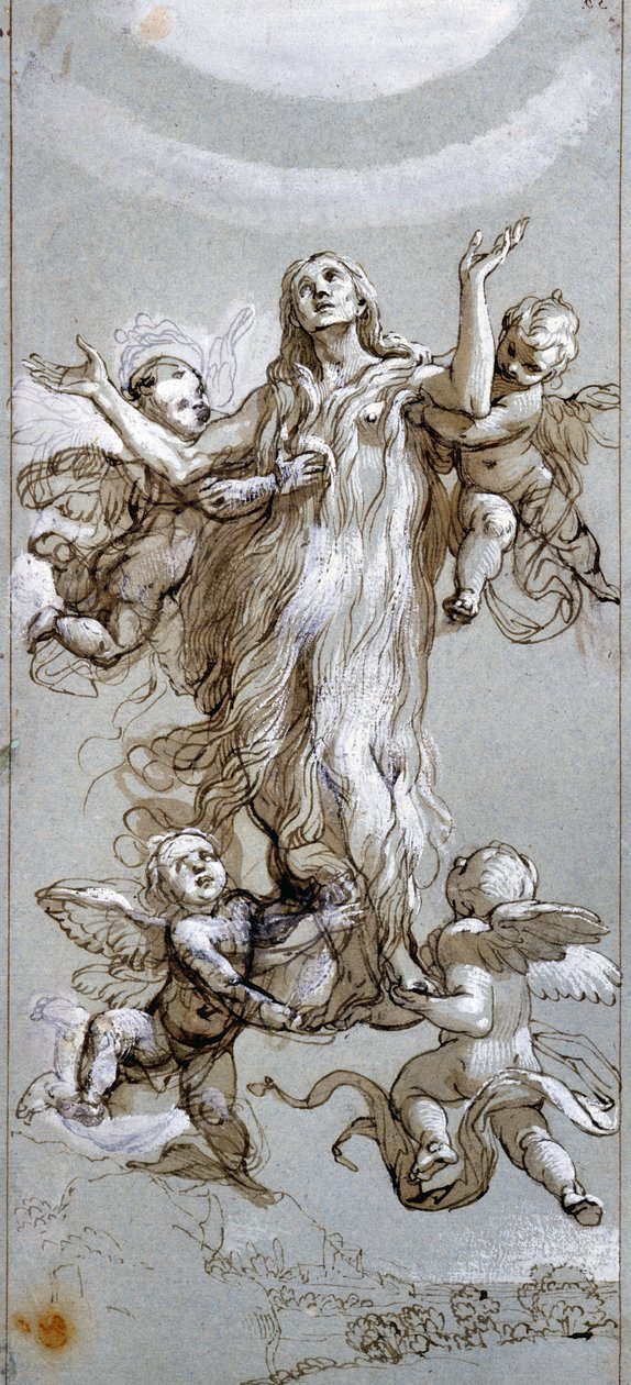 Die Himmelfahrt der Heiligen Maria Magdalena, geführt von Engeln (Zeichnung von Daniele Crespi, 17. Jahrhundert, Prado Museum, Madrid) von Daniele Crespi