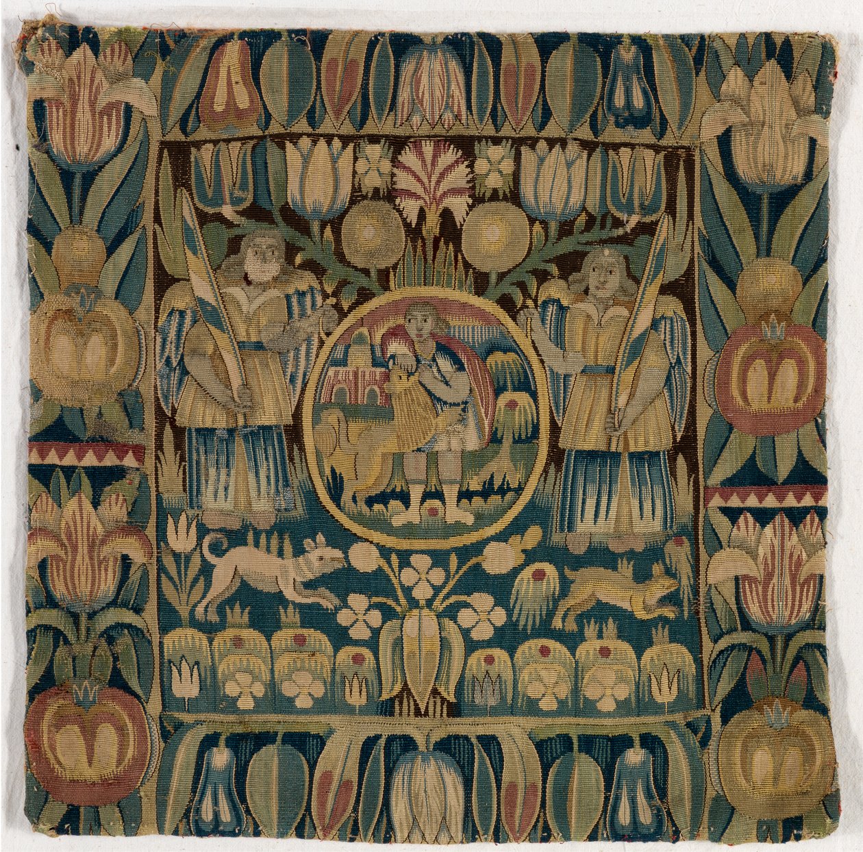 Wandteppichkissenbezug, der Samson darstellt, der den Löwen erschlägt, hergestellt in Schleswig-Holstein, Dänemark, ca. 1615 von Danish School