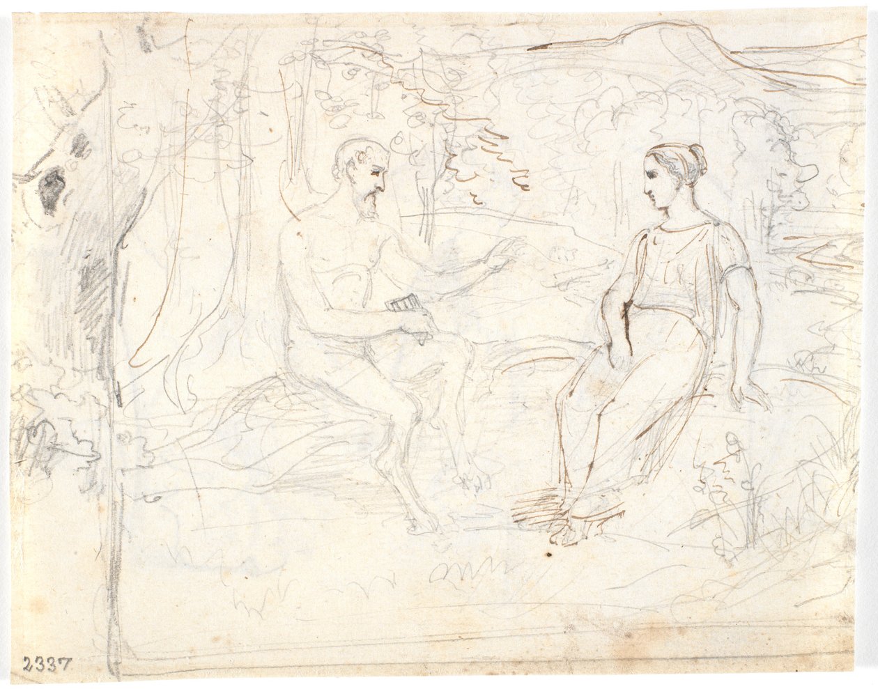 Ein Satyr mit Flöte und ein junges Mädchen, sitzend im Wald von Dankvart Dreyer
