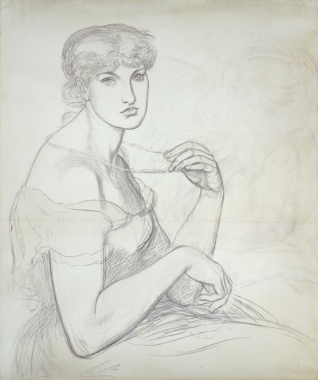 Eine sitzende Frau, die eine Halskette hält, rechts eine weitere weibliche Figur von Dante Gabriel Charles Rossetti
