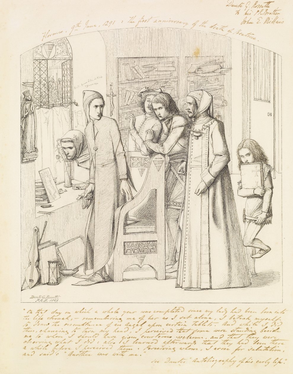 Dante zeichnet einen Engel am ersten Jahrestag des Todes von Beatrice, 1848-9 von Dante Gabriel Charles Rossetti