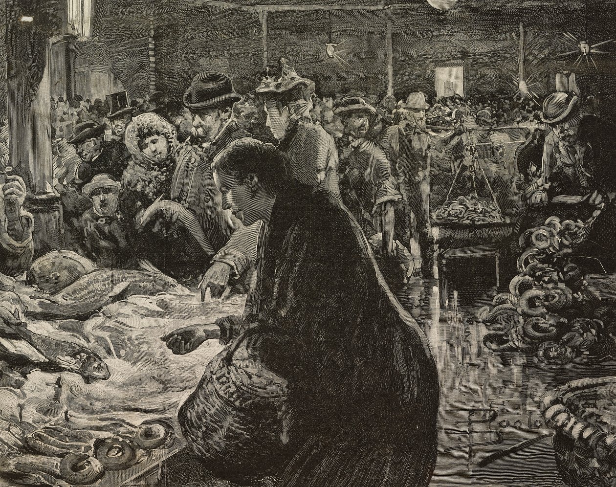 Weihnachtsmarkt in Rom, Italien, Gravur nach einer Zeichnung von Dante Paolocci, aus L