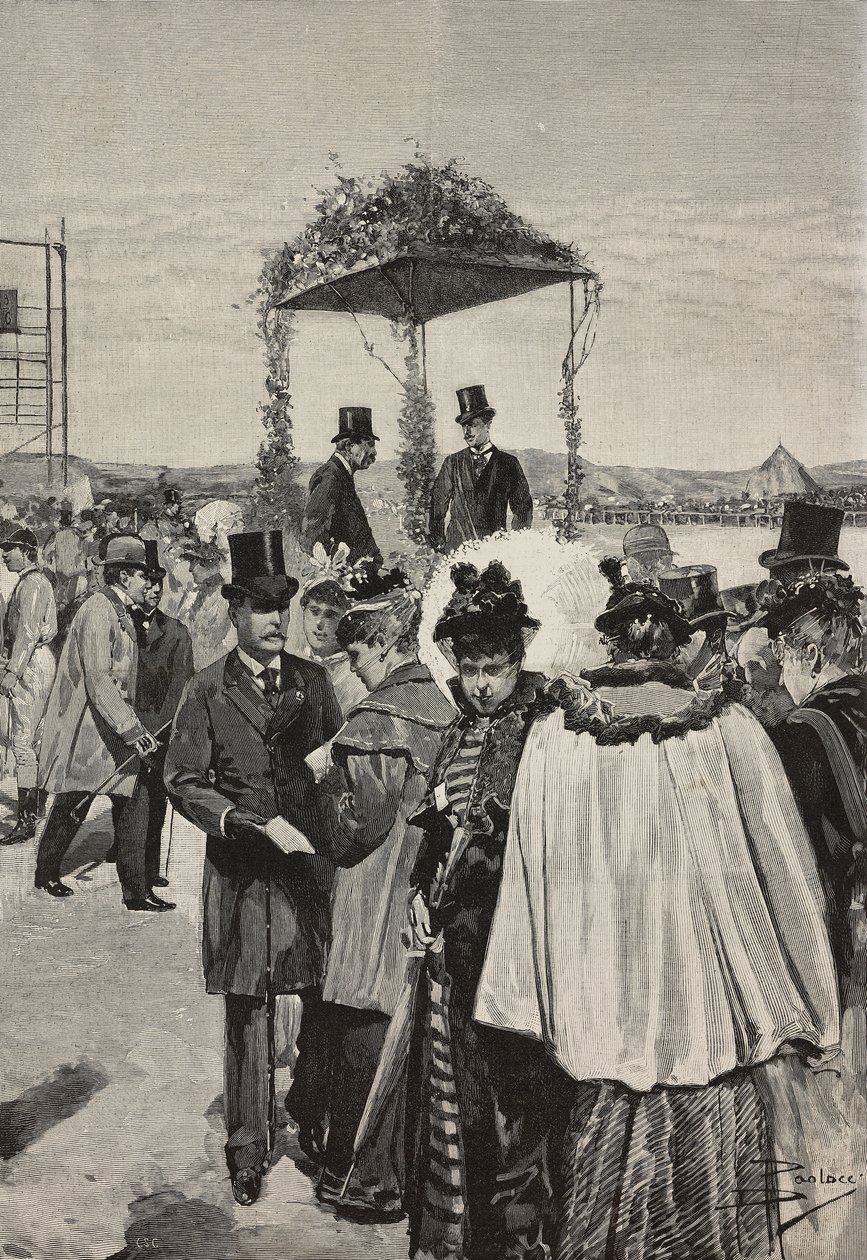 Graf von Turin Vittorio Emanuele von Savoyen-Aosta bei den Rennen in Tor di Quinto, Rom, Italien (Stich nach einer Zeichnung von Dante Paolocci) von Dante Paolocci