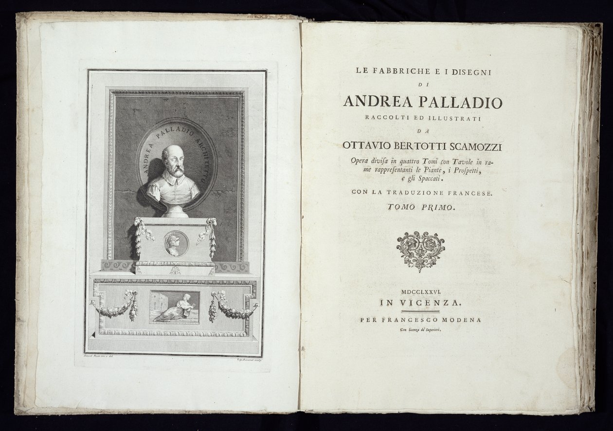 Titelseite von Le Fabbriche e i Disegni di Andrea Palladio mit einem Porträt des Architekten, graviert von Simon Francis Ravenet, veröffentlicht 1776 von David Rossi