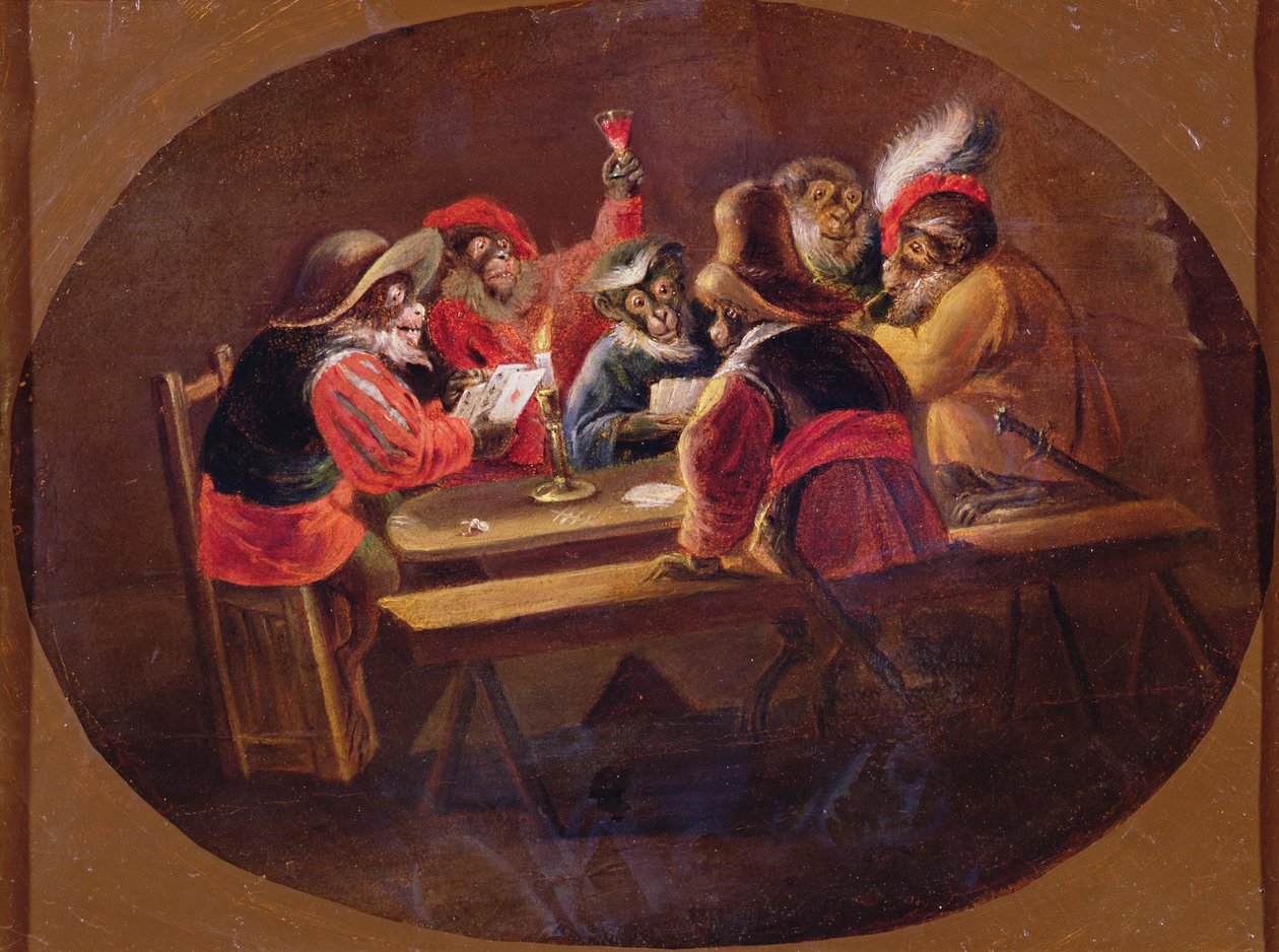 Affen als Soldaten verkleidet, die Karten spielen und zechen von David Teniers the Younger