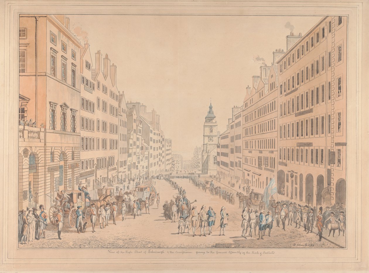Blick auf die High Street von Edinburgh und den Kommissar von David Allan