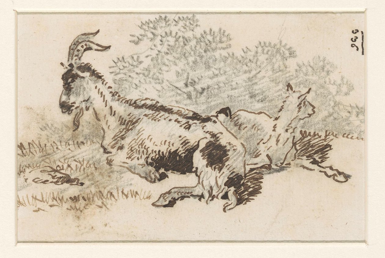 Ziege und Junges in einer Landschaft von David Alphonse de Sandoz Rollin