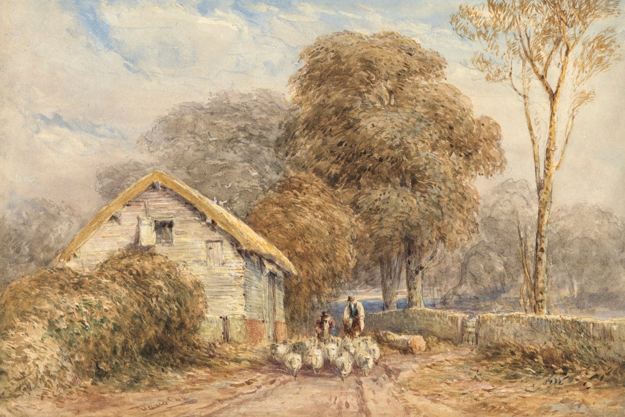 Ein Reisender zu Pferd, mit einem Schäfer und seinen Schafen, bei einer Scheune, auf einer Landstraße von David Cox