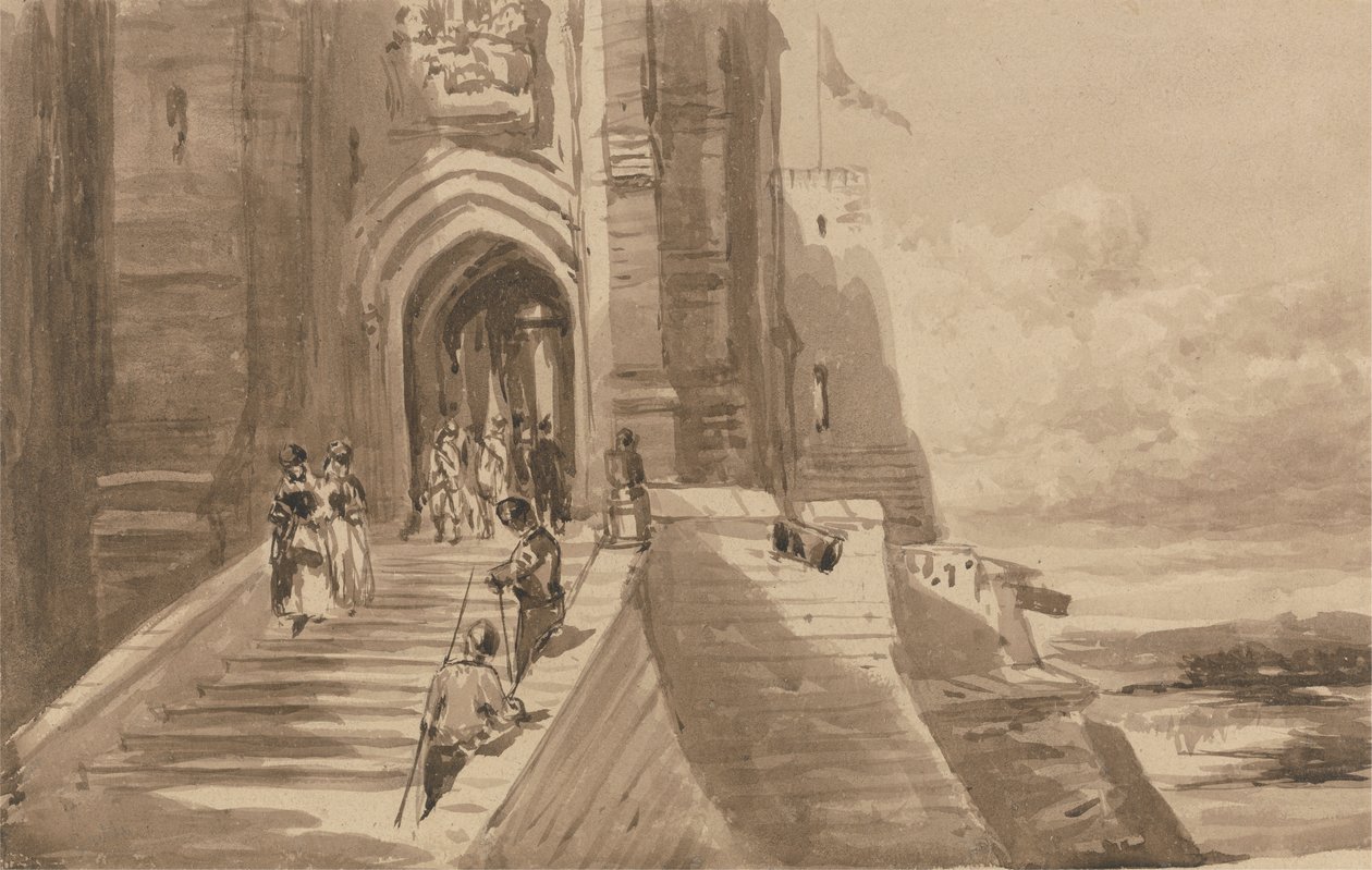 Figuren auf der Außentreppe eines Schlosses von David Cox