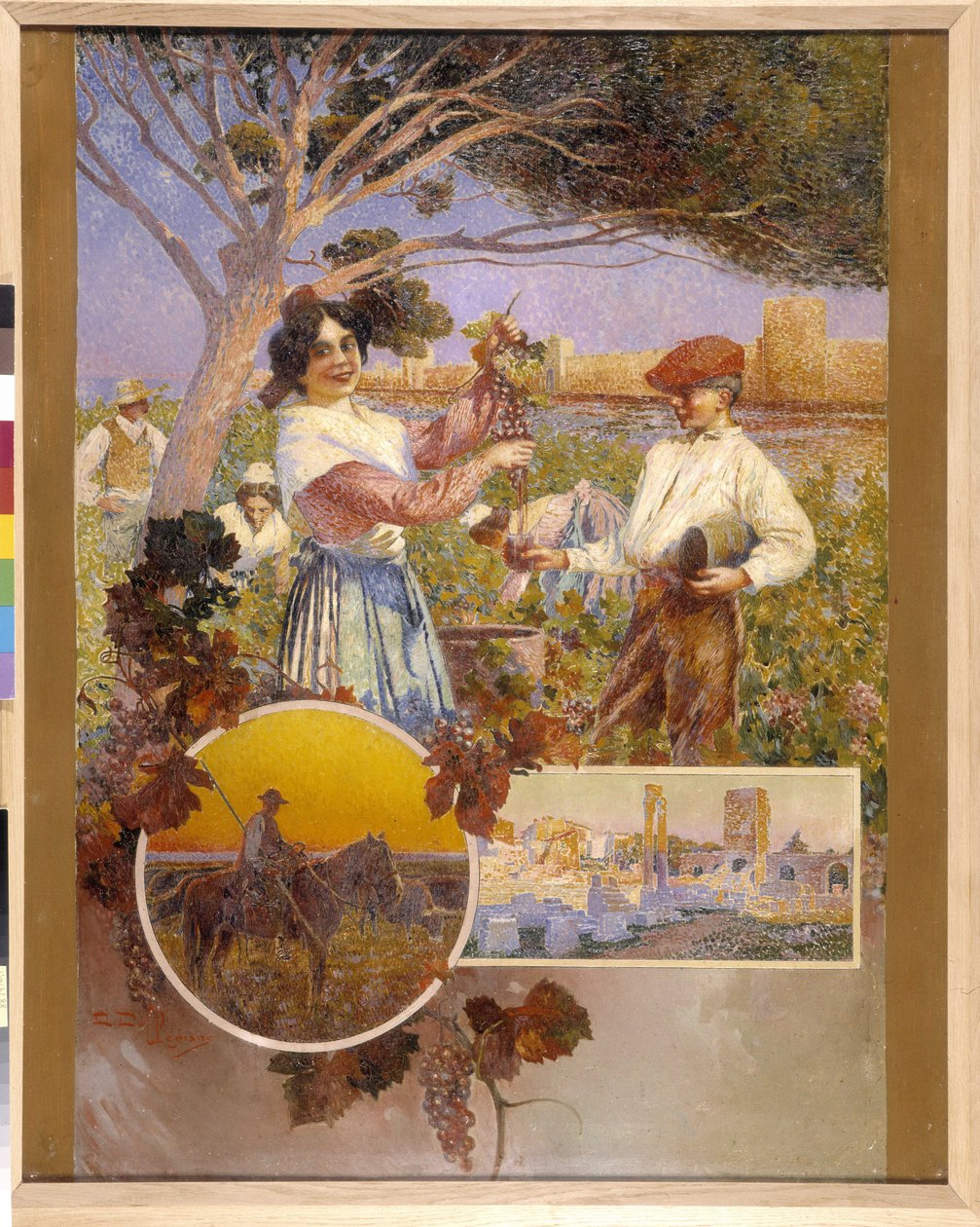 Aigues-Mortes, Arles, die Camargue: eine junge Frau zeigt eine schöne Traube, die sie gerade aus einem Weinberg gepflückt hat von David Dellepiane