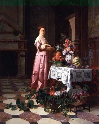 Dame mit Obst und Blumen auf einem Tisch