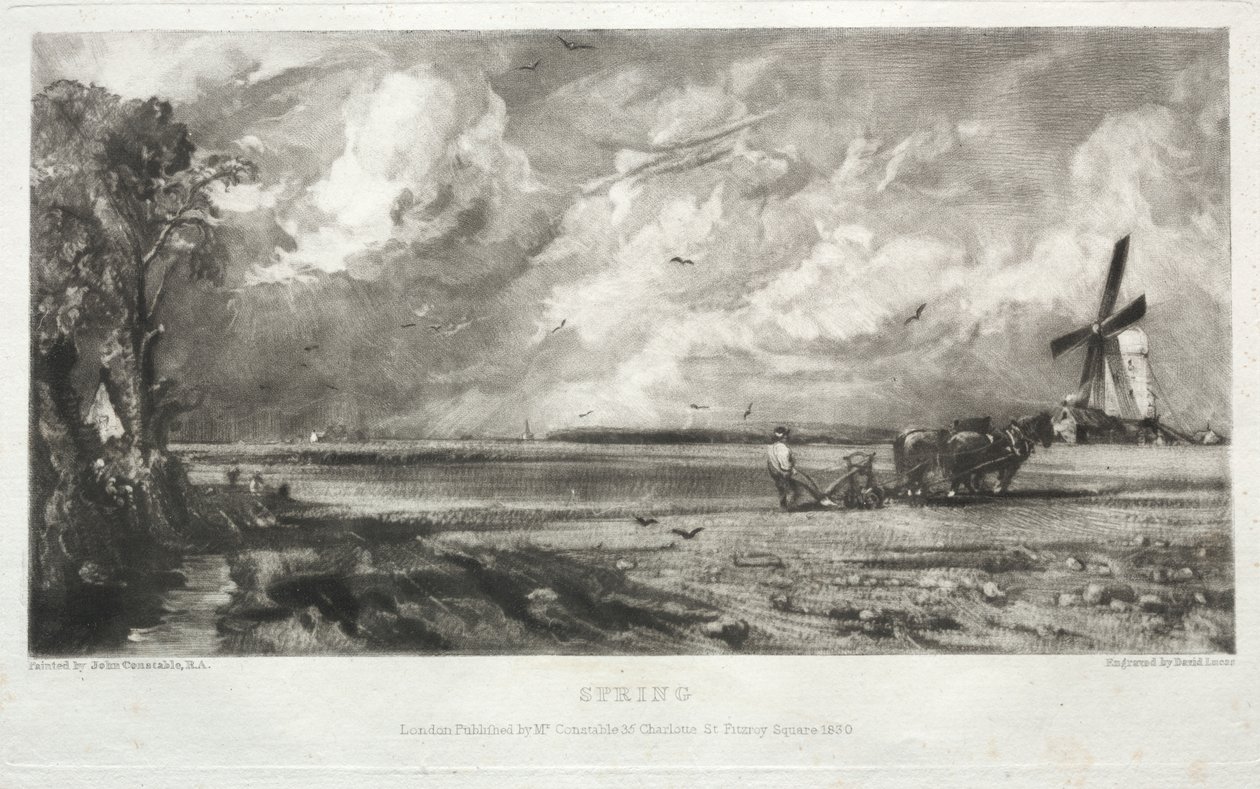 Verschiedene Landschaftsmotive, charakteristisch für englische Szenerien aus Bildern von John Constable, R.A.: Frühling. Eine Mühle auf einem Gemeindeland. Hagelschauer. East Bergholt, Suffolk von David Lucas