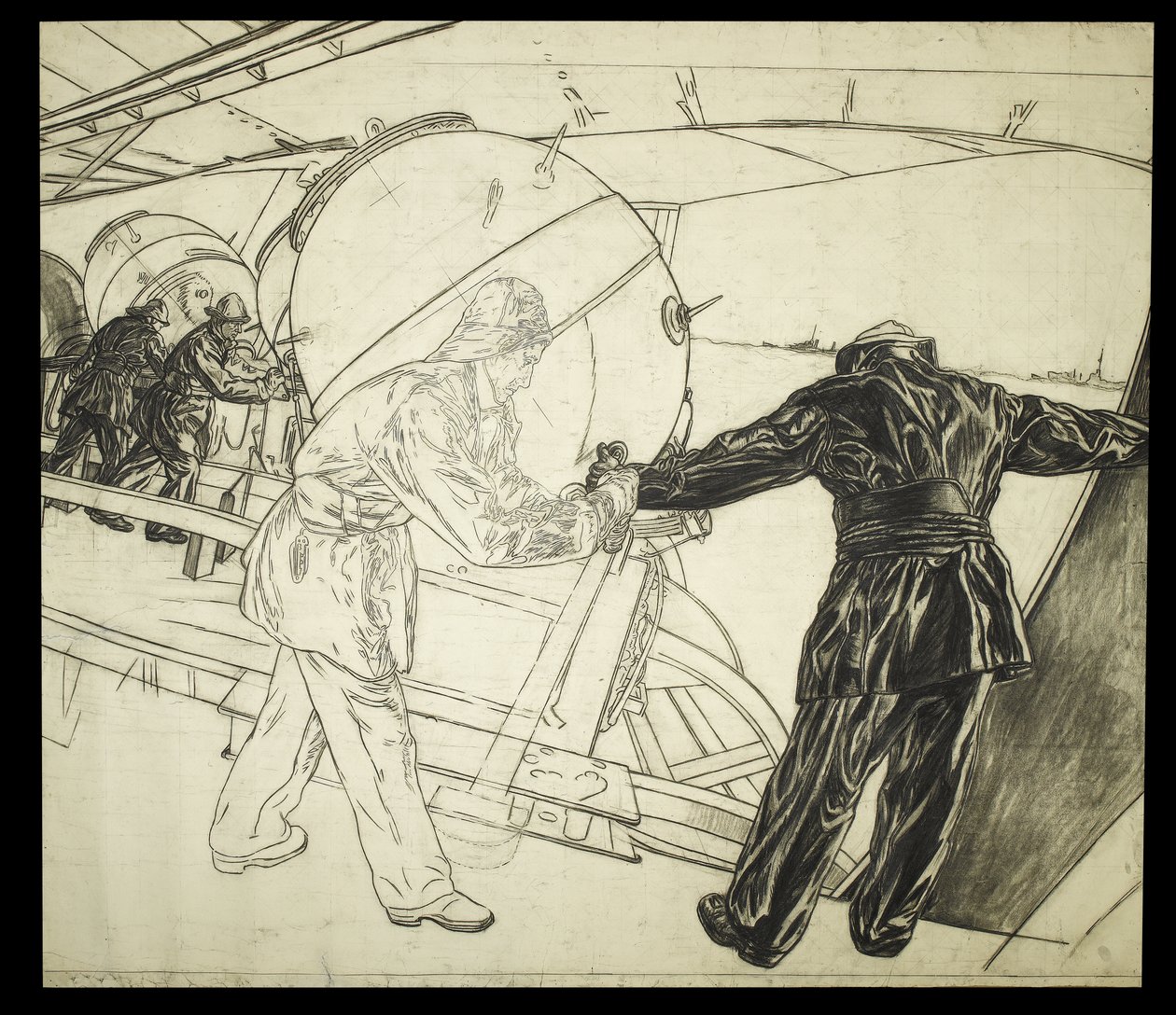 Vollständige Zeichnung für Winterminenlegen vor Island, ca. 1942 von David Muirhead Bone