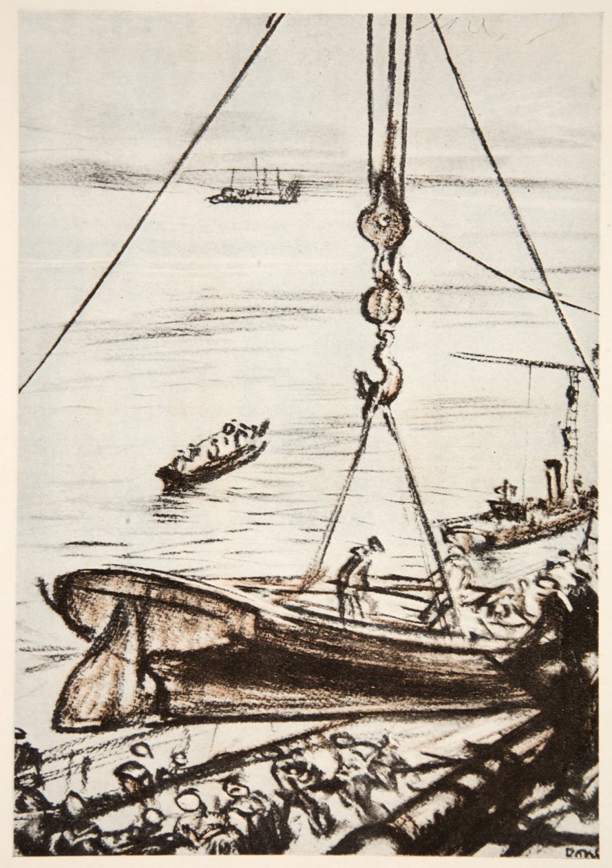 Auf einem Kriegsschiff: Ein Boot vom Hauptkran ablassen, Illustration aus 