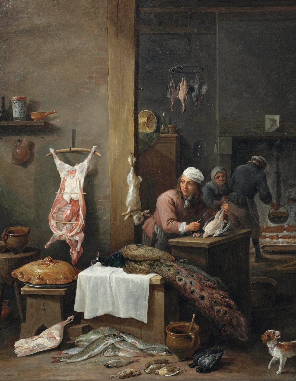 Eine Kücheninterieur mit einem Koch, der Wild am Tisch zubereitet (Le Cuisinier Flamand) von David Teniers the Younger