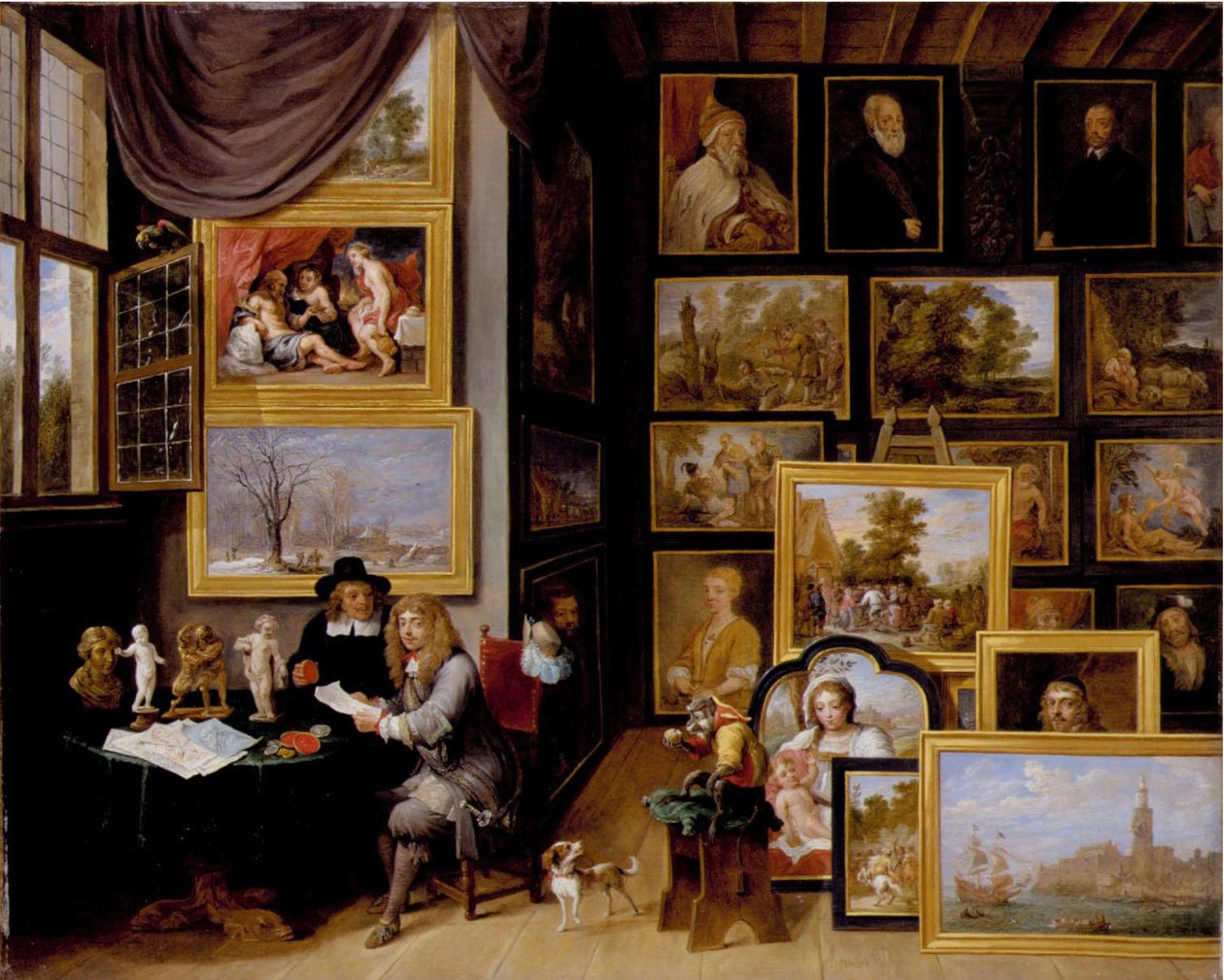 Eine Gemäldegalerie mit zwei Männern, die ein Siegel und eine Rötelzeichnung betrachten, und einem anwesenden Affen von David Teniers the Younger