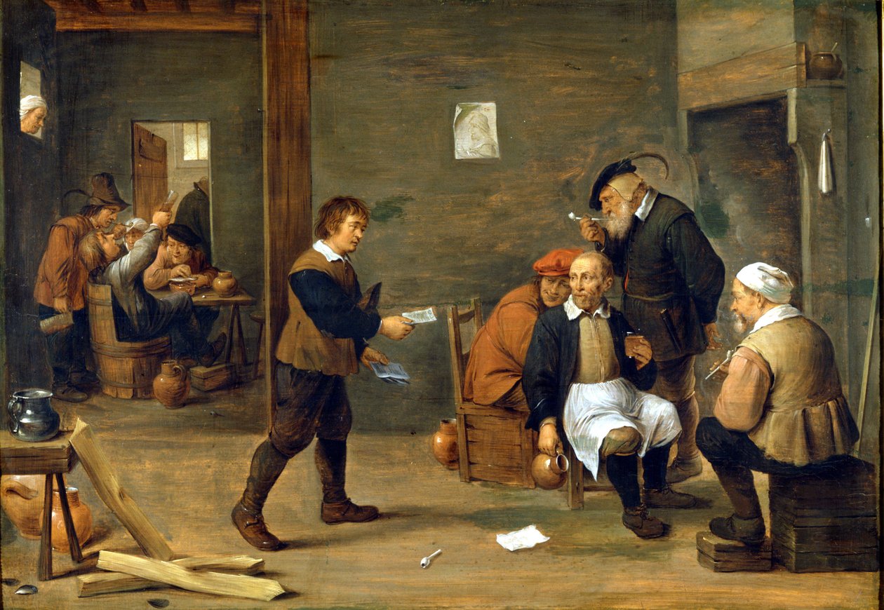 Eine Gruppe von Männern wärmt sich vor einem Kamin. Gemälde von David Teniers dem Jüngeren (1610 - 1690) Mailand, Museo del Castello. von David Teniers the Younger