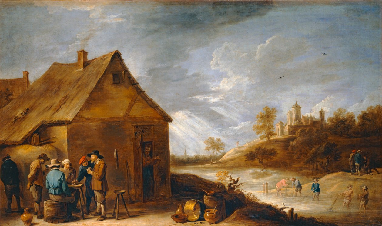 Gasthaus an einem Fluss mit Fischern am Netz