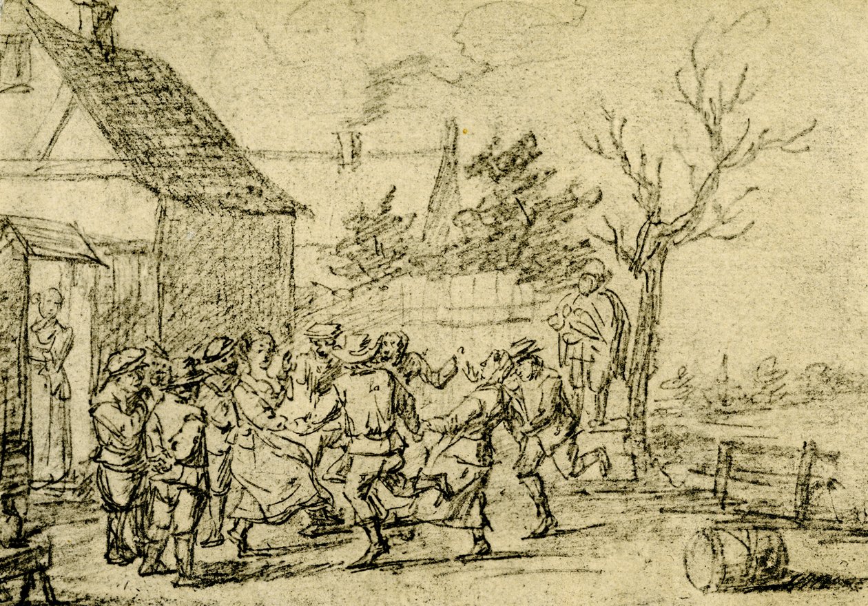 Bauern tanzen vor einem Haus von David Teniers the Younger