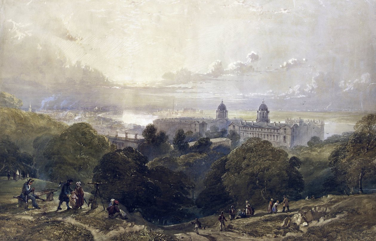 Ansicht von Greenwich (England) an einem Sommerabend, von den Höhen des Parks, im Hintergrund die Skyline von London von David the younger Cox