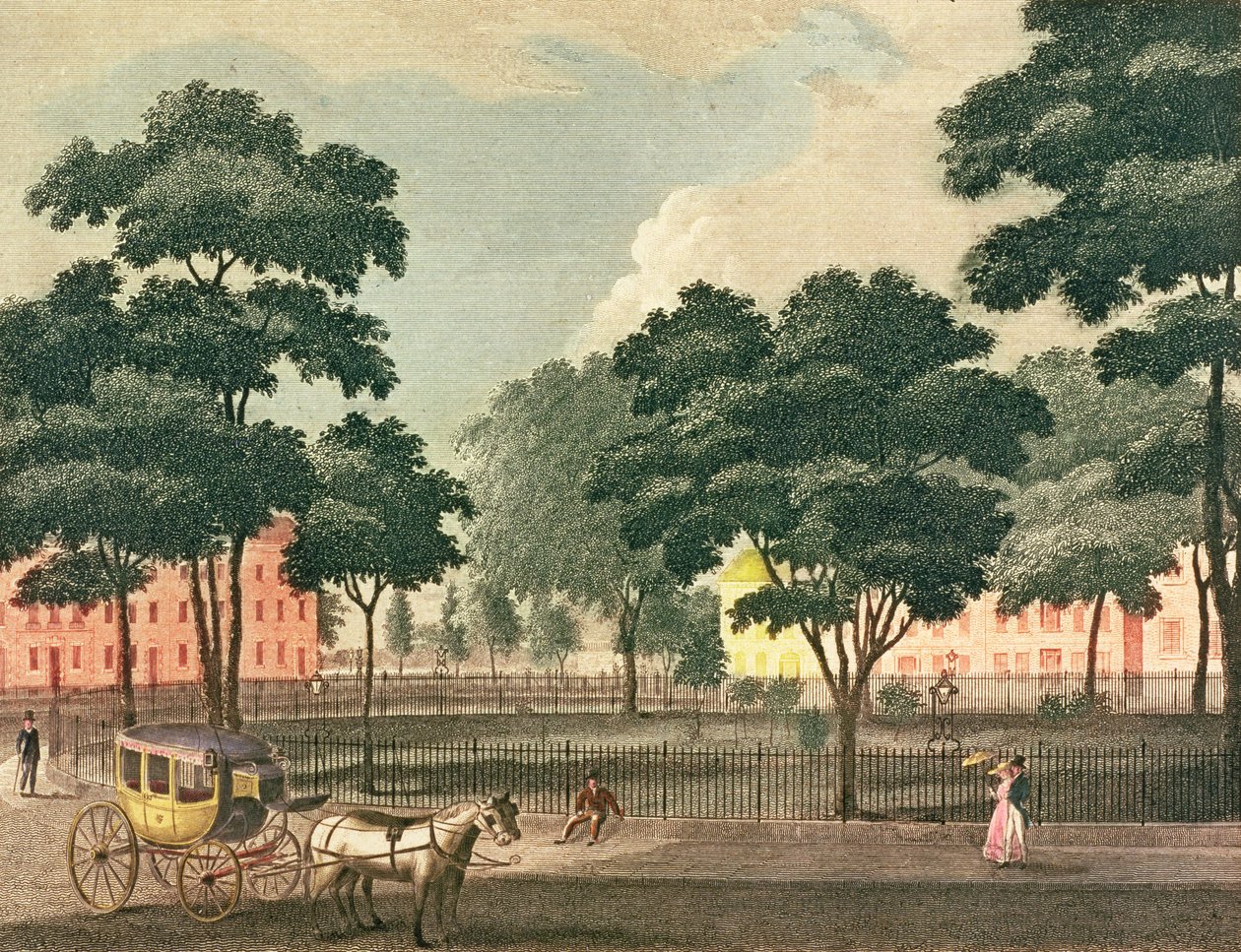 Ansicht des Bowling-Green, Broadway, gezeichnet und graviert für den New York Mirror, 1830 von Davis
