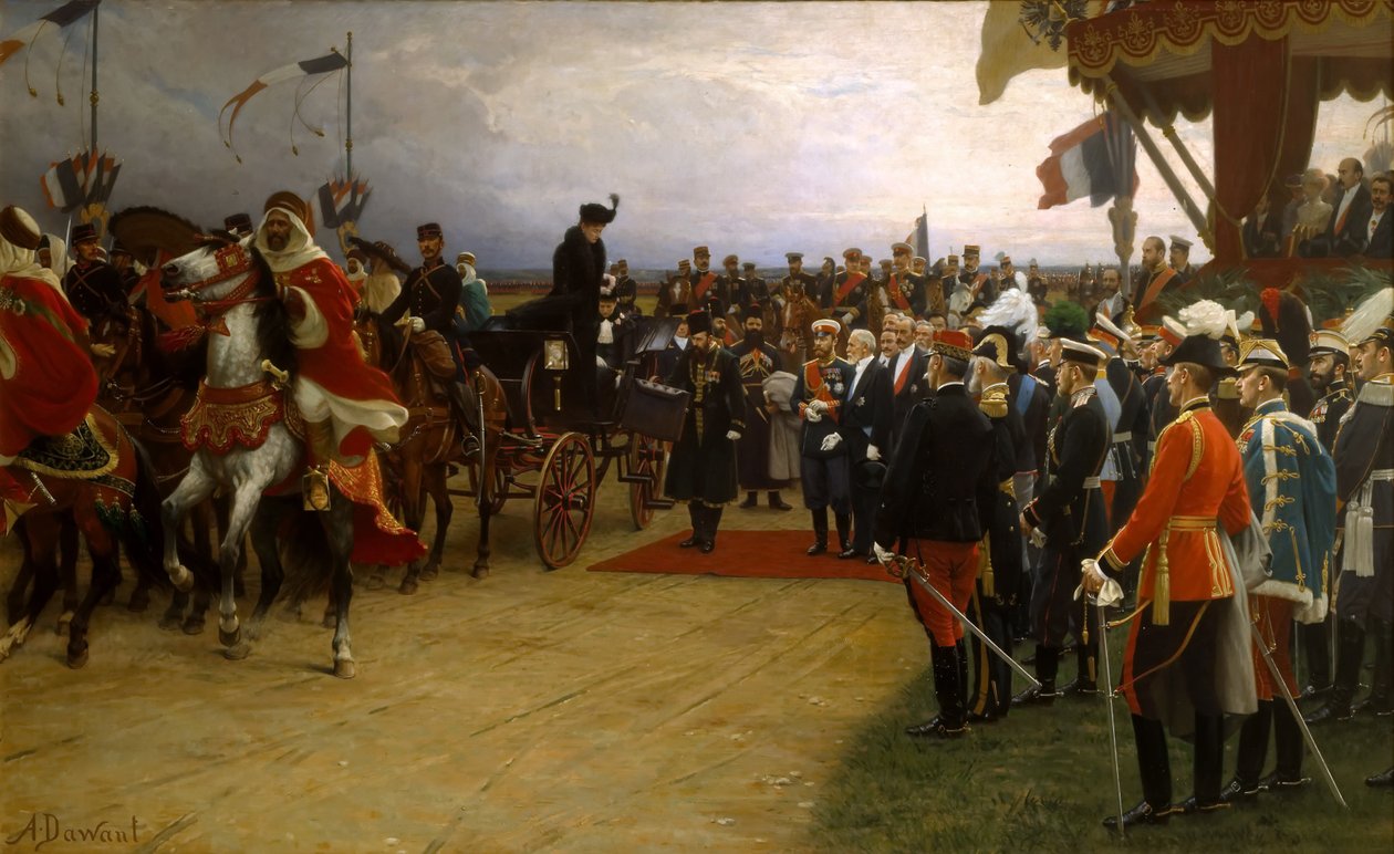 Präsident Emile Loubet begrüßt Zar Nikolaus II. und Zarin Alexandra bei den Manövern in Betheny von Dawant