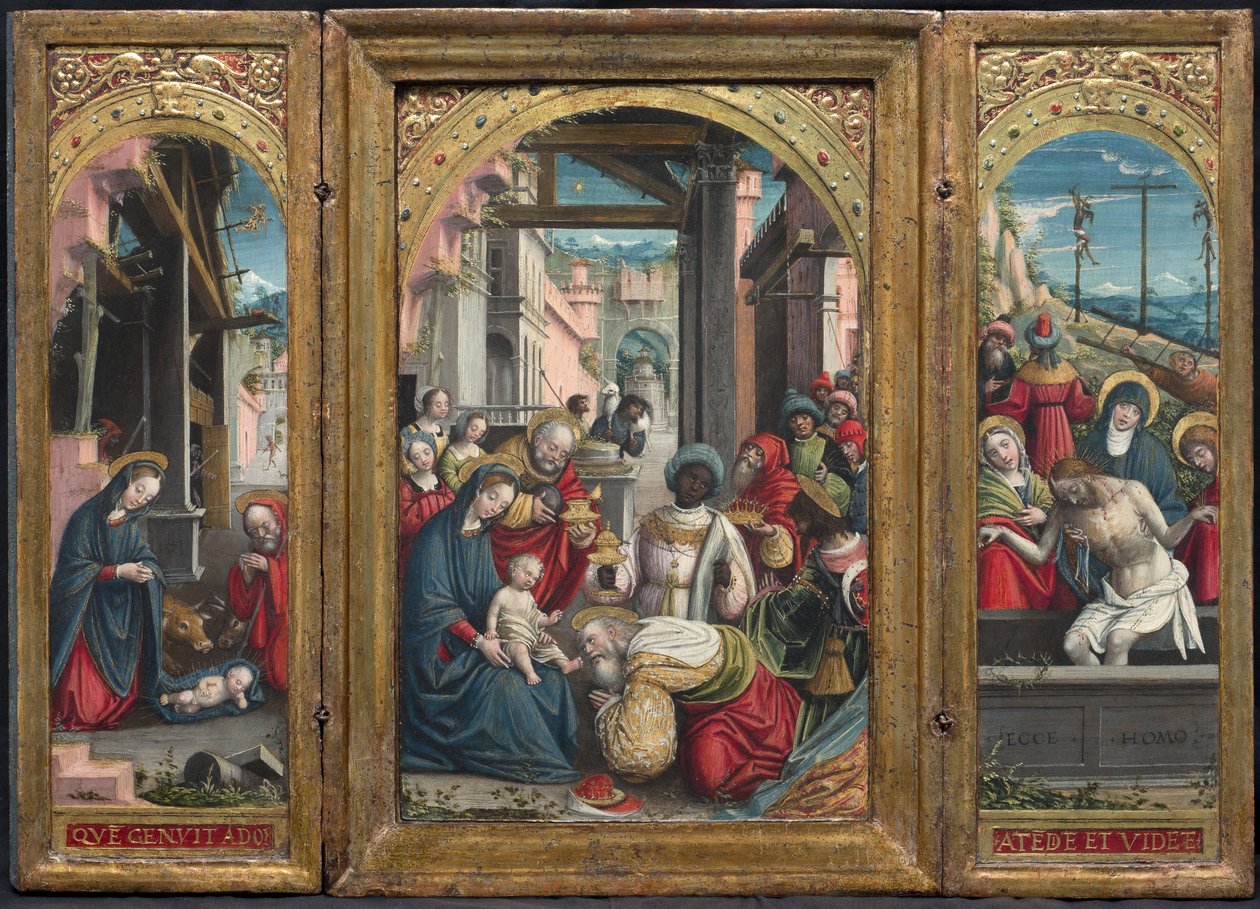 Triptychon mit der Geburt Christi in der Mitte, rechts die Anbetung der Könige, links die Grablegung Christi, 1523 von Defendente Ferrari