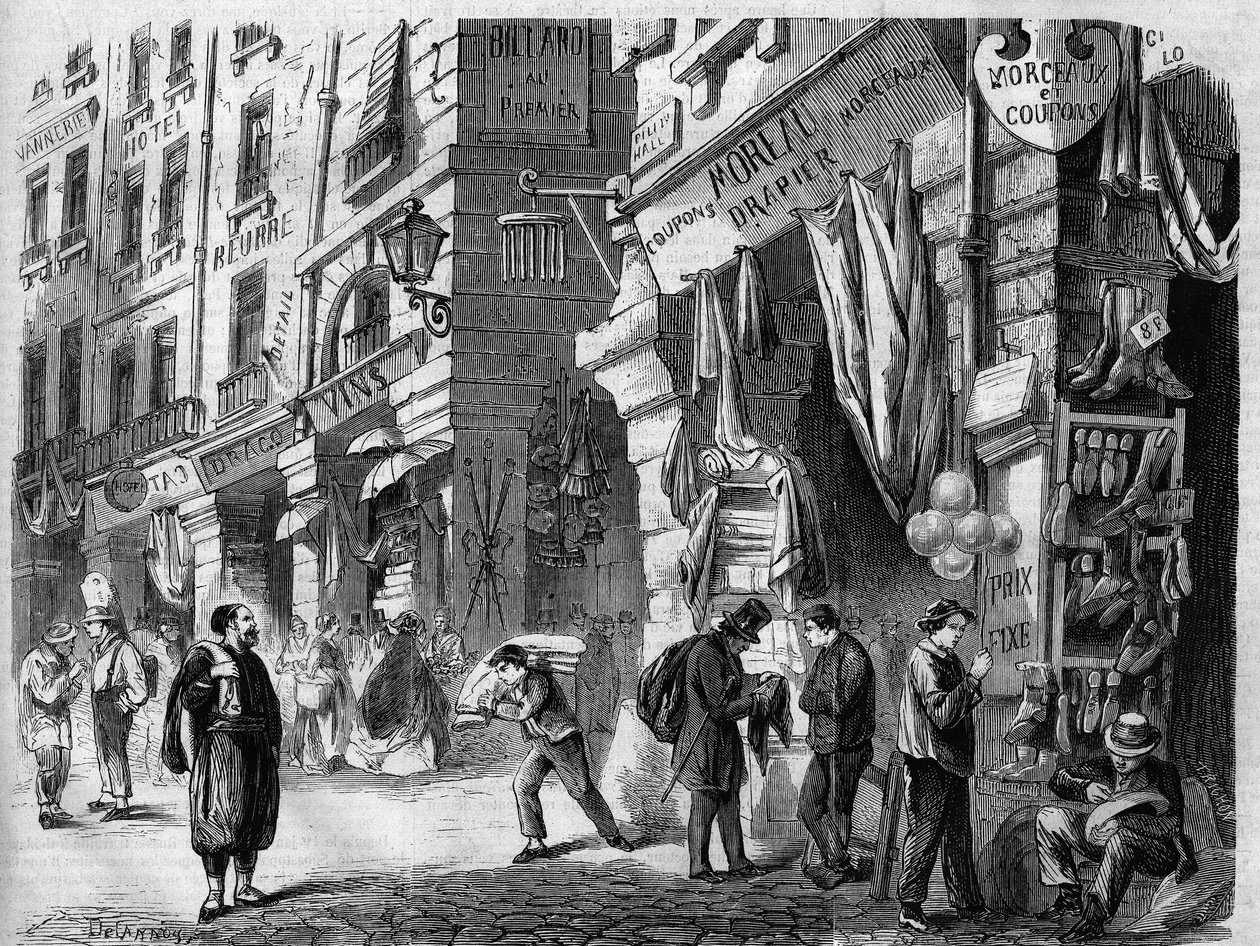 Paris, Ansicht der überdachten Galerien im Erdgeschoss der Häuser der Rue de la Tonnellerie, auch Säulen der Halles genannt, Gravur nach der Zeichnung von Delannoy, in „L