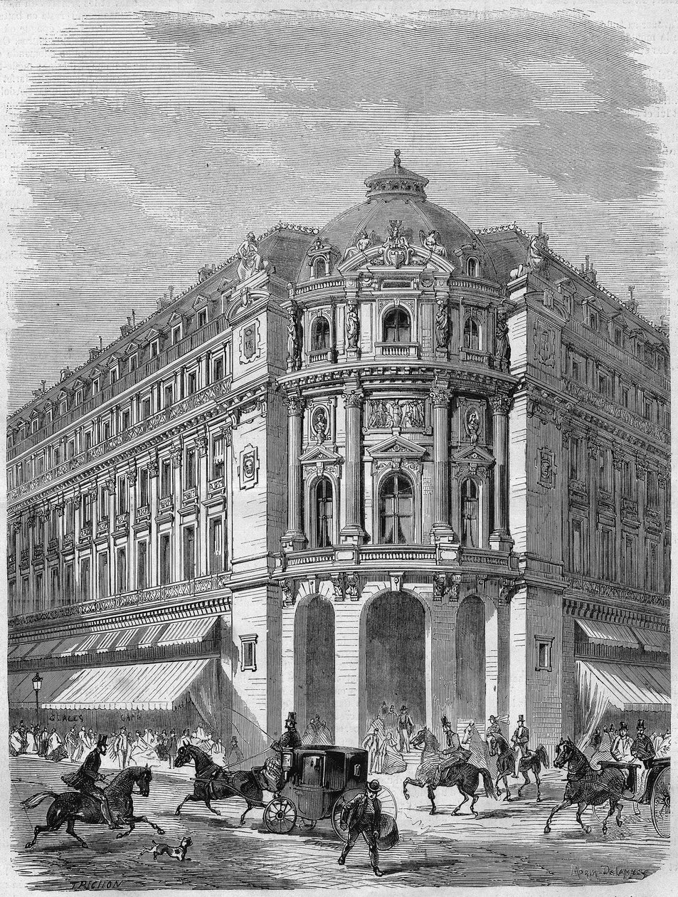 Projekt der Fassade des neuen Vaudeville-Theaters an der Ecke Boulevard des Capucines und Rue de la Chaussée-d