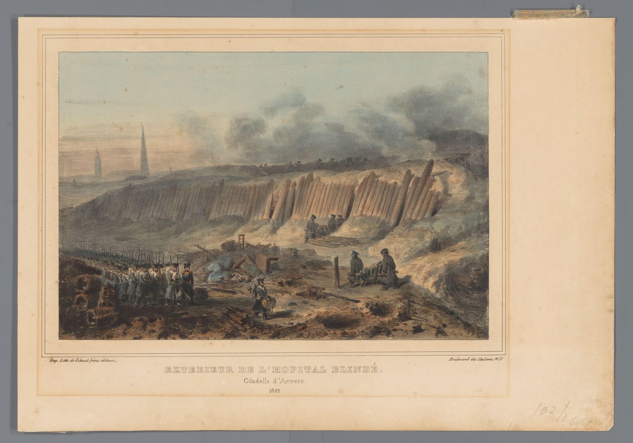 Außenseite des eingegrabenen Feldlazaretts der Zitadelle von Antwerpen, 1832 von Denis Auguste Marie Raffet