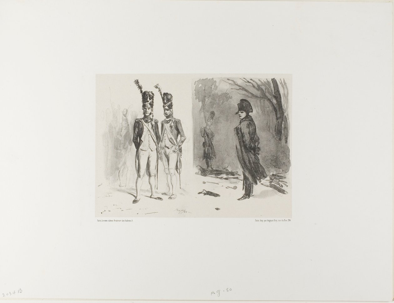 Blatt mit Skizze (Grenadier der Garde, Napoleon im Biwak) von Denis-Auguste-Marie Raffet