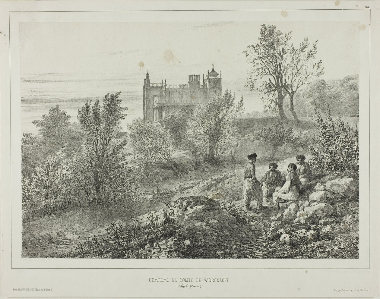 Das Schloss von Graf Woronzoff, Aloupka, Krim, 12. August 1837 von Denis Auguste Marie Raffet