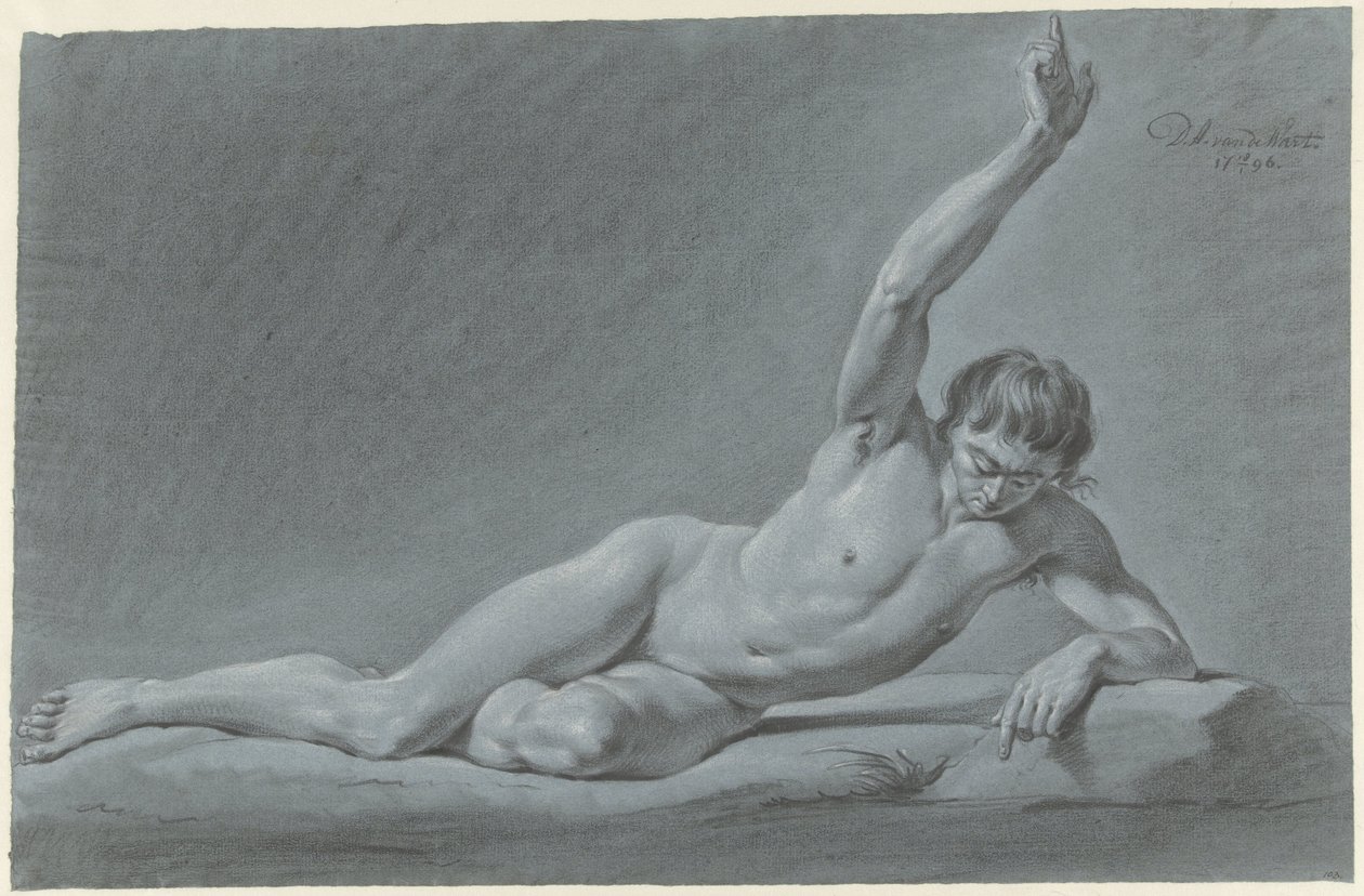 Liegender männlicher Akt mit erhobenem Arm von Derk Anthony van de Wart