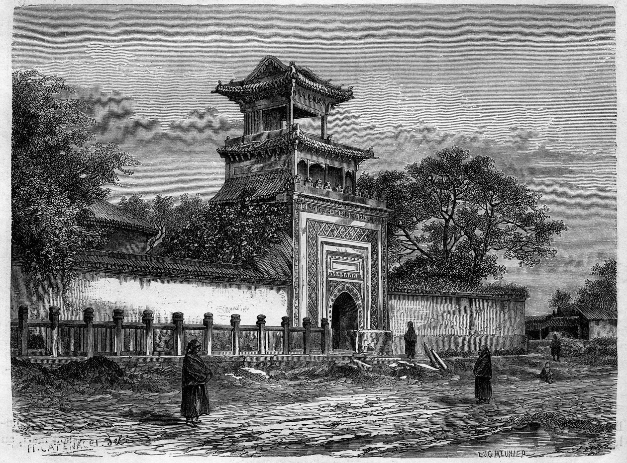 Moschee in Peking (Beijing) in den 1870er Jahren. Gravur nach einer Zeichnung von Deroy, in Le Tour du Monde, Nouveau journal des Voyages, herausgegeben von Edouard Charton, Paris von Deroy (after)