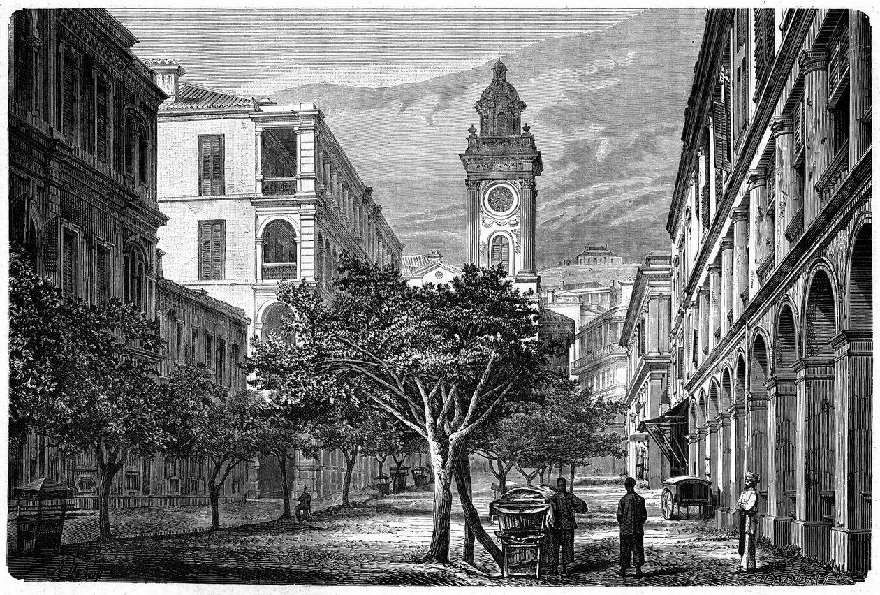Ansicht des historischen Hongkonger Uhrturms. Gravur nach einer Zeichnung von Deroy, in „Le Tour du Monde, Nouveau journal des Voyages“, herausgegeben von Edouard Charton, Paris von Deroy (after)