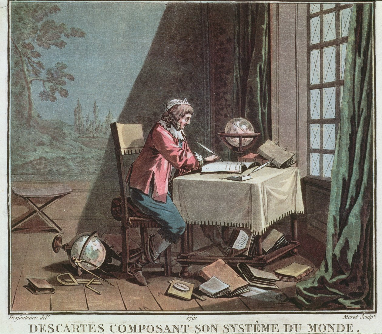 Rene Descartes (1596-1650) schreibt sein Weltsystem, graviert von Jean ...