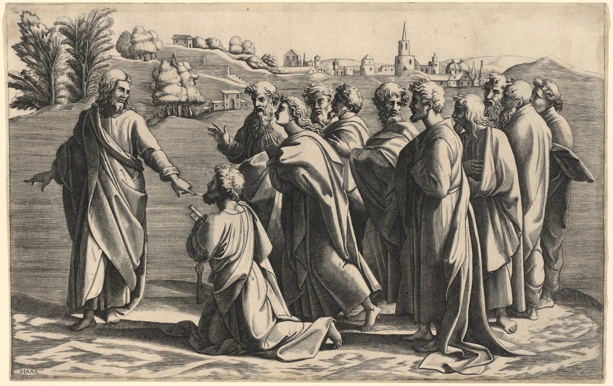 Christus macht Petrus zum Haupt der Kirche von Diana Scultori after Raphael