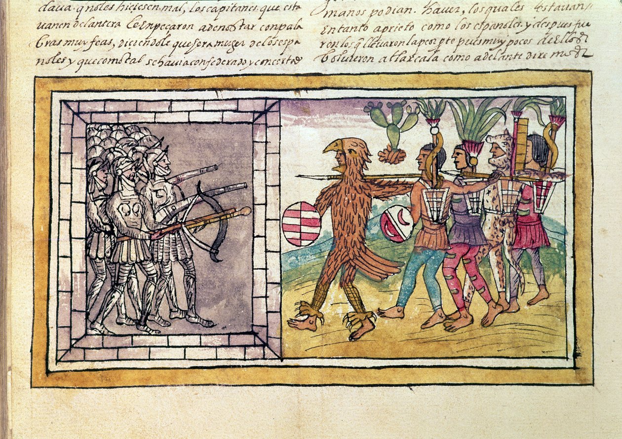 Codex Duran: Pedro de Alvarado (ca. 1485-1541), Waffenbruder von Hernando Cortes (1485-1547), belagert von aztekischen Kriegern von Diego Duran