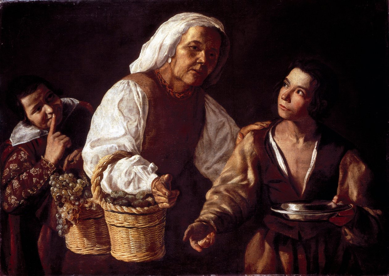 Die zwei Jungen und die alte Obstfrau oder die alte Obsthändlerin. Gemälde von Diego Rodriguez de Silva y Velázquez von Diego Rodriguez de Silva y (attr. to) Velazquez