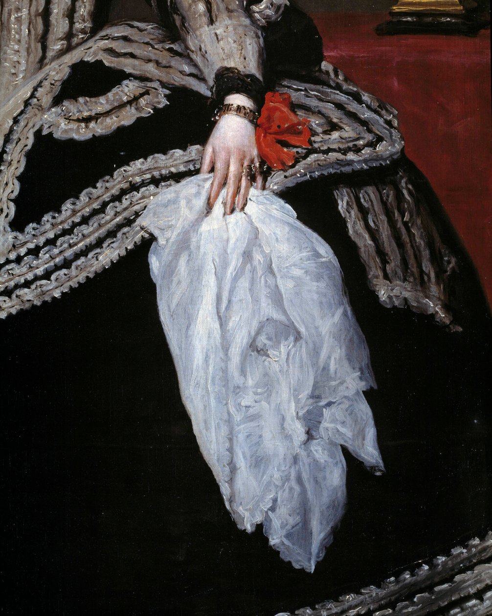 Hand und Schal. Detail des Porträts von Königin Maria Anna von Österreich (1634-1696), Ehefrau von Philipp IV. von Diego Velázquez